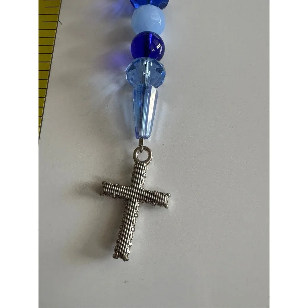 Blue Beaded Cross Keychain Bag Charm Silver Tone‎ Religious Spiritual Accessory